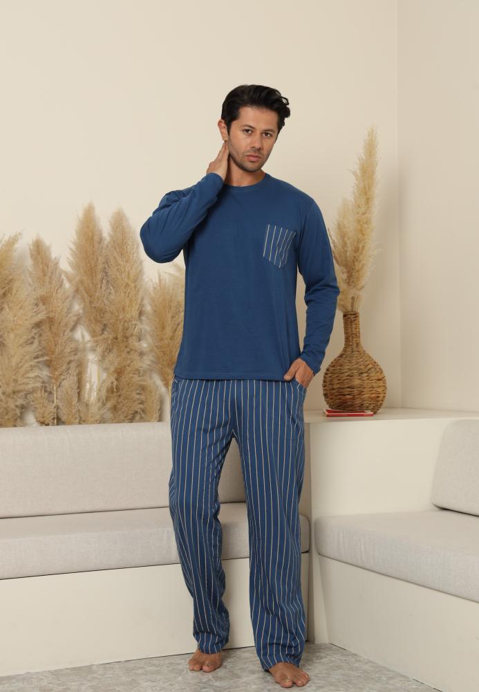 Pijama Barbati ,Maneca si Pantaloni Lungi, Culoare Albastru cu Alb,Engros